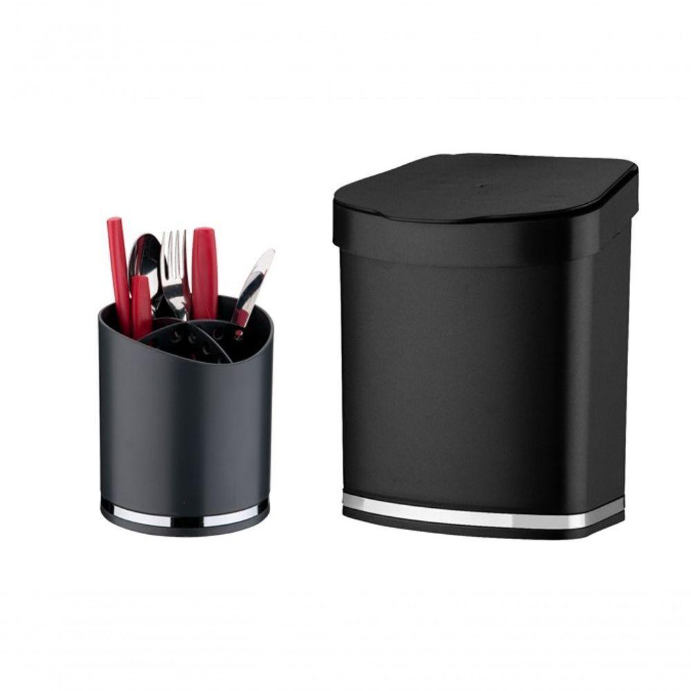 Kit 2 Peças Preto Future Lixera E Porta Talheres Utensilios - 1