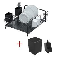 Kit Cozinha Escorredor Tubular Preto + Lixeira 5,4l+ Dispenser - 1
