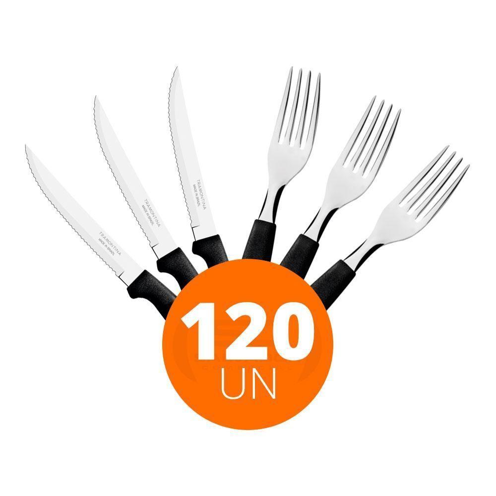 Kit - Jogo De Faca E Garfo Ipanema 120 Peças Em Aço Inox Cabo Preto Ptop - Tramontina - 2
