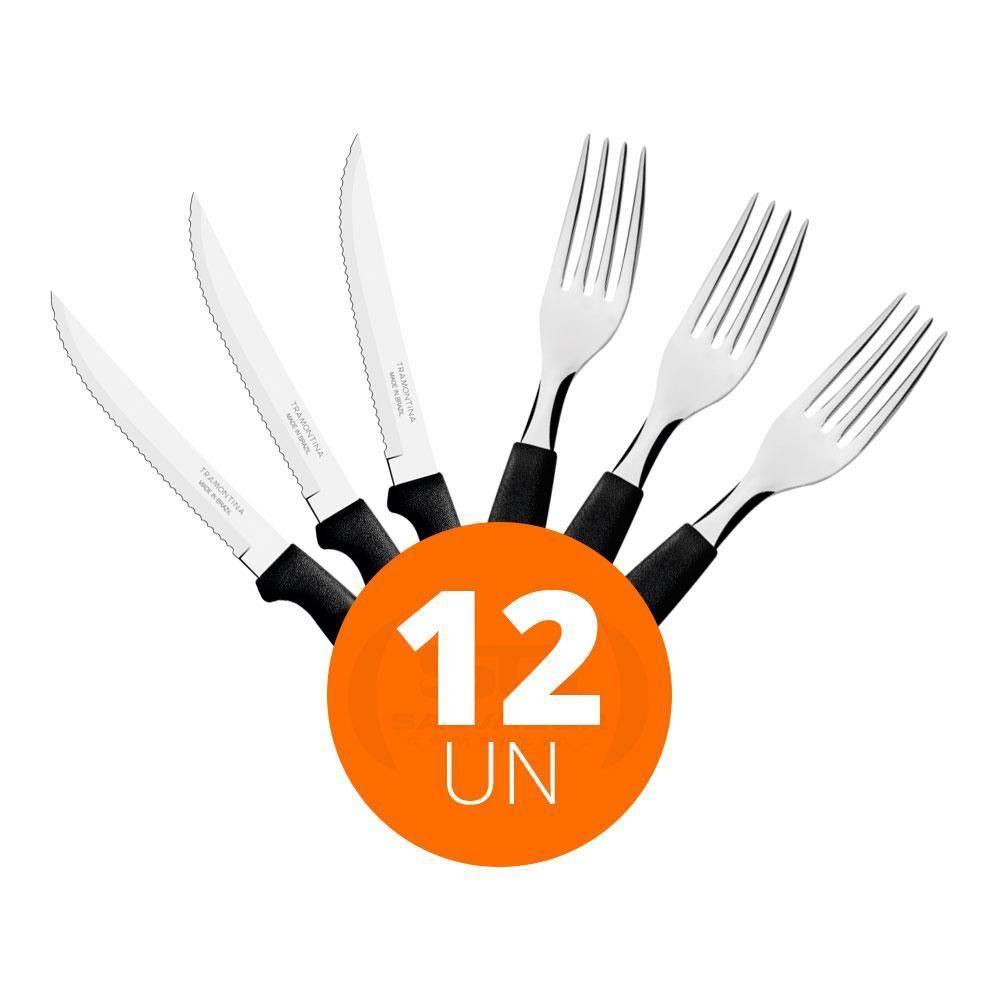 Kit - Jogo De Faca E Garfo Ipanema 12 Peças Em Aço Inox Cabo Preto Ptop - Tramontina - 2