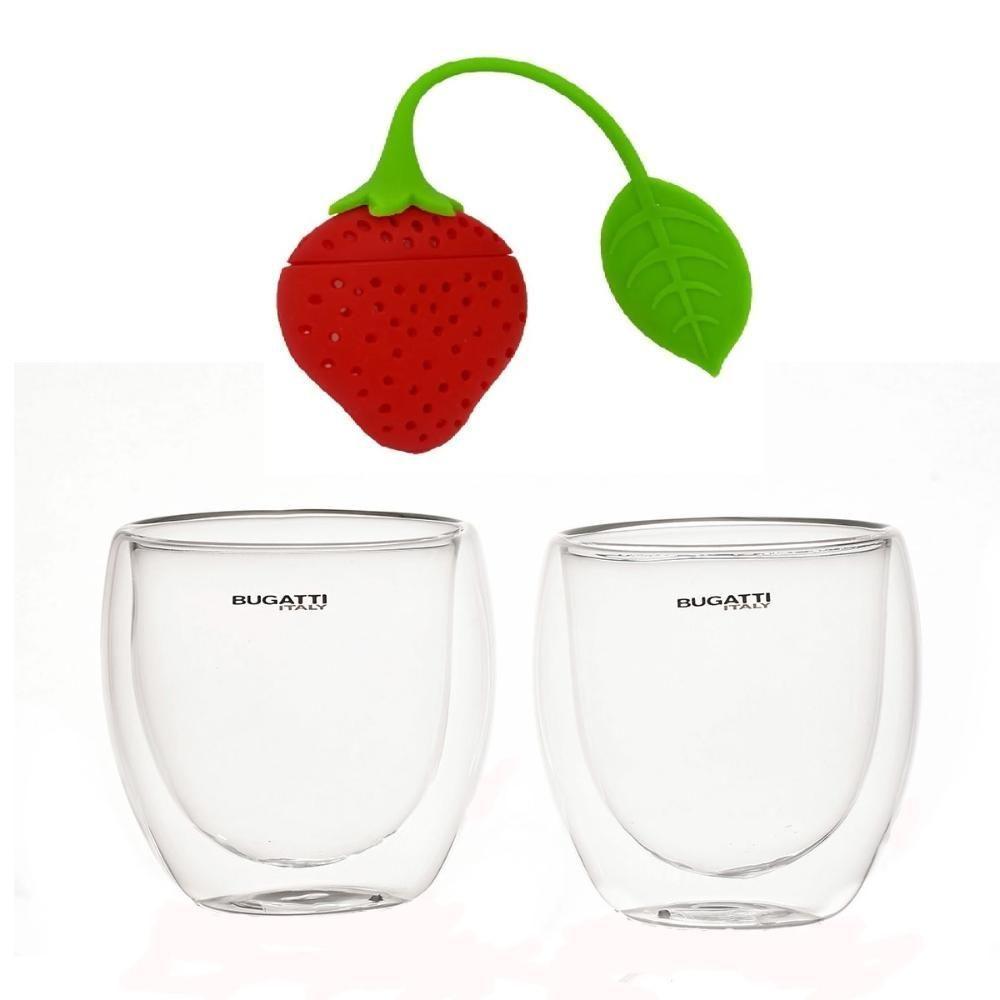 Jogo Chá 2 Copos Parede Dupla 250ml E Infusor Ervas Morango - 1