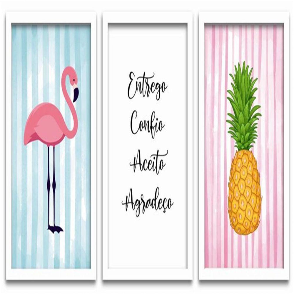 Conjunto Quadros Decorativos 3 Peças 40X60 Flamingo Abacaxi Titulo Moldura Branca - 1
