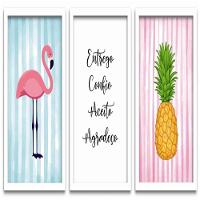 Conjunto Quadros Decorativos 3 Peças 40X60 Flamingo Abacaxi Titulo Moldura Branca - 1