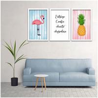 Conjunto Quadros Decorativos 3 Peças 40X60 Flamingo Abacaxi Titulo Moldura Branca - 2
