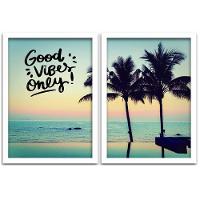 Conjunto Quadros Decorativos 2 Peças 40X60 Praia Good Vibes Titulo Moldura Branca - 1