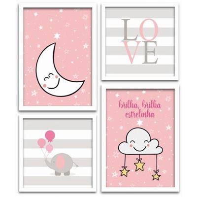 Conjunto Quadros Decorativos 4 Peças Menina Estrelinha Titulo Moldura Branca