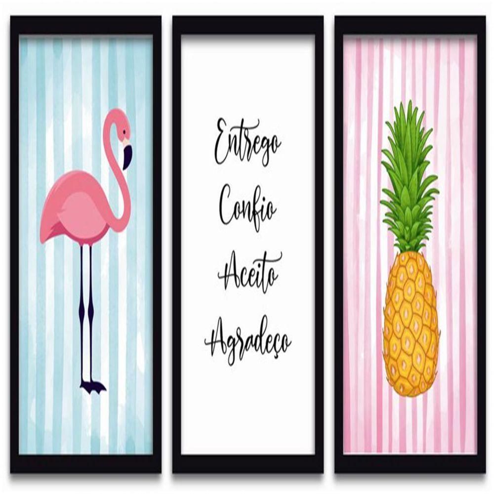 Conjunto Quadros Decorativos 3 Peças 40X60 Flamingo Abacaxi Titulo Moldura Preta - 1