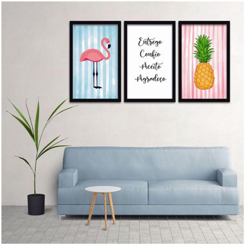Conjunto Quadros Decorativos 3 Peças 40X60 Flamingo Abacaxi Titulo Moldura Preta - 2