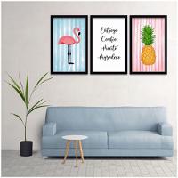 Conjunto Quadros Decorativos 3 Peças 40X60 Flamingo Abacaxi Titulo Moldura Preta - 2