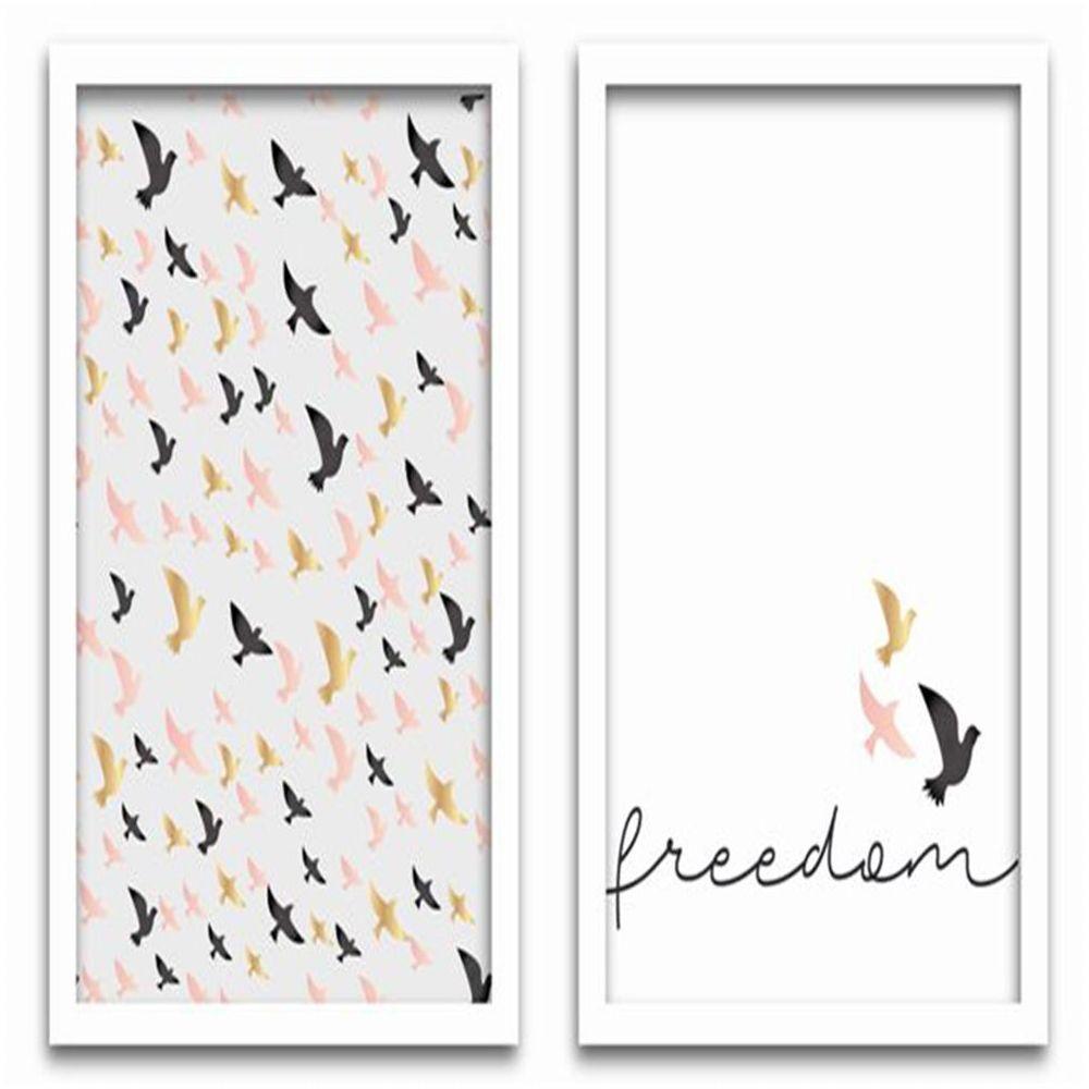 Conjunto Quadros Decorativos 2 Peças 40X60 Freedom Pássaros Titulo Moldura Branca - 1