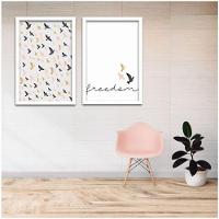 Conjunto Quadros Decorativos 2 Peças 40X60 Freedom Pássaros Titulo Moldura Branca - 2