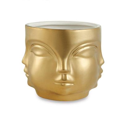 Cachepot "rosto" Dourado Em Cerâmica 14,5x17cm