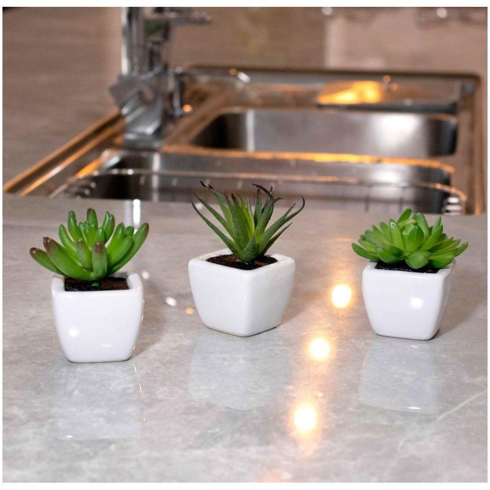 Kit 06 Suculentas Artificial Sortida Vaso Branco 6x6 Cm - 2