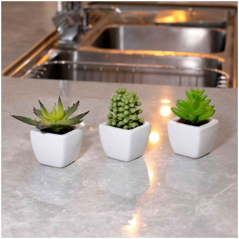 Kit 06 Suculentas Artificial Sortida Vaso Branco 6x6 Cm - 5
