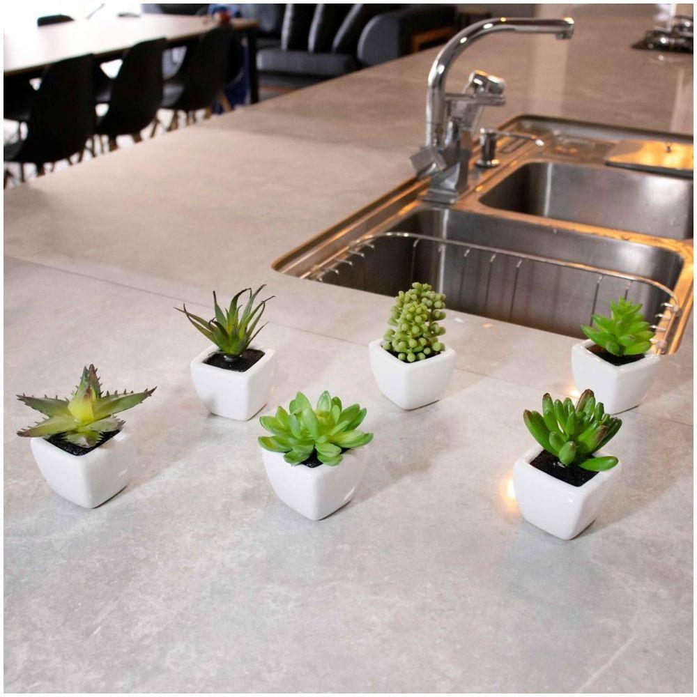 Kit 06 Suculentas Artificial Sortida Vaso Branco 6x6 Cm - 6