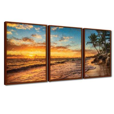 Quadros Premium Cx Alta Praia Ensolarada 40x60 3un Moldura Ocre