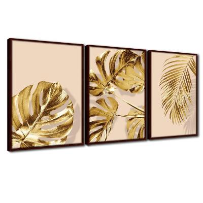 Quadro Premium Textura Cx Alta Folhas Ouro Em Bege 3un 40x60 Titulos Moldura Madeira