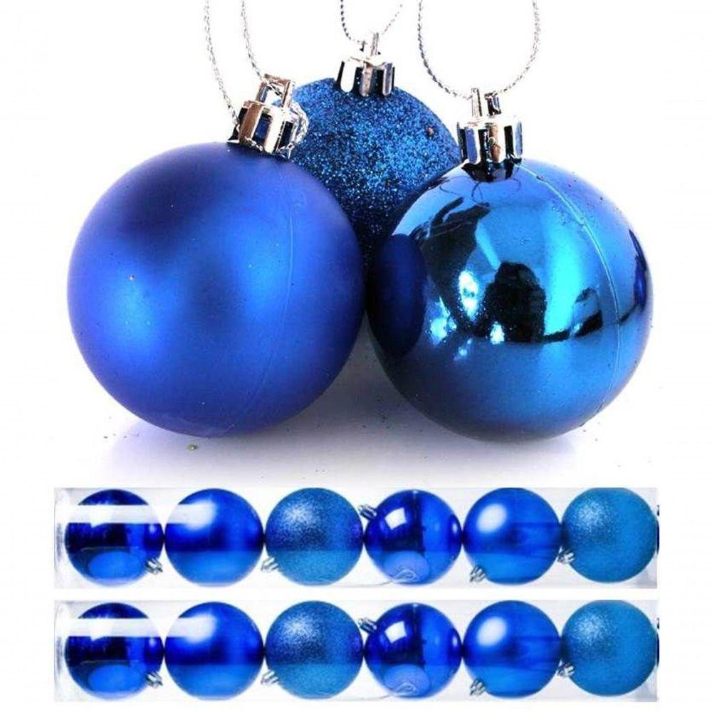 Kit 12 Bolas Natal Mista Glitter, Fosca, Lisa Azul 8Cm - 1