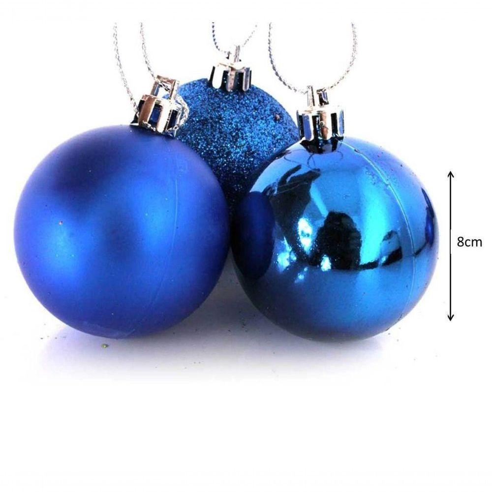 Kit 12 Bolas Natal Mista Glitter, Fosca, Lisa Azul 8Cm - 5