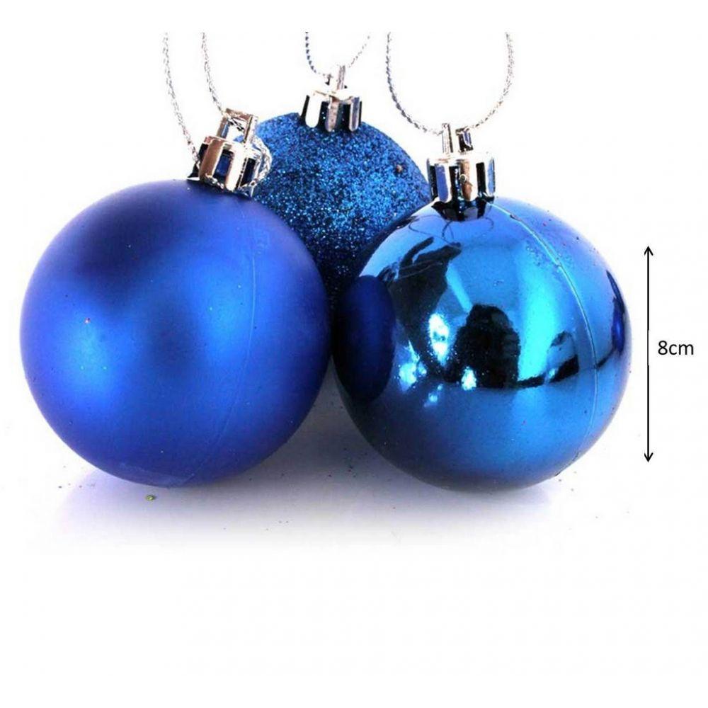 Kit 12 Bolas Natal Mista Glitter, Fosca, Lisa Azul 8Cm - 8