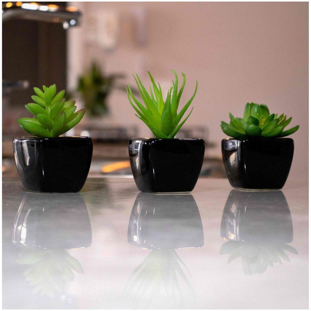 Kit 06 Suculentas Artificial Sortida Vaso Preto Unidades 6x6 Cm - 2