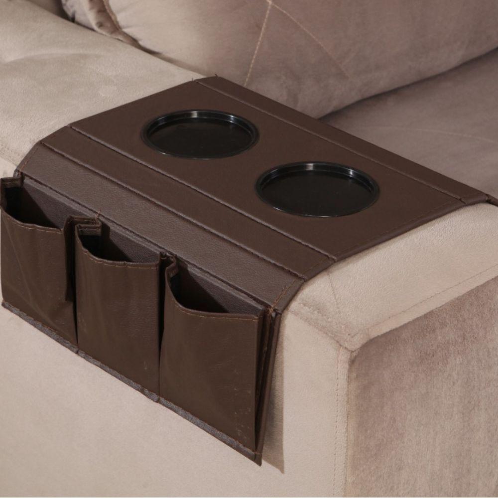 Kit 2 Bandejas Esteira Para Braço De Sofá De Couro Marrom Com Porta Controle - 3