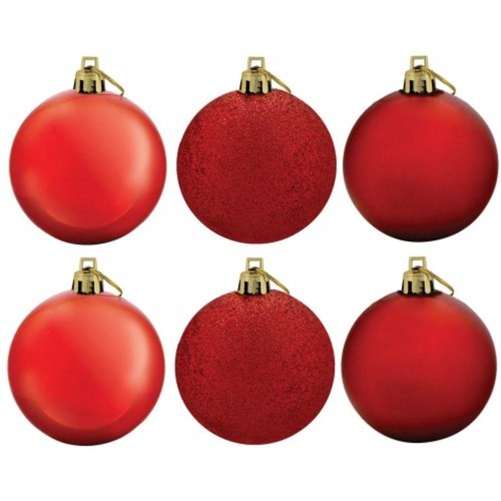 Kit Bola De Natal Mista Gliter, Fosca, Brilho Vermelha 6 Unidades 8cm - Magizi - 1