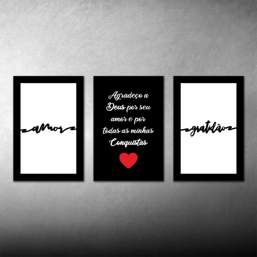 Kit Placas Quadros Decorativos 3pçs 20x30 Deus Amor Gratidão - 3