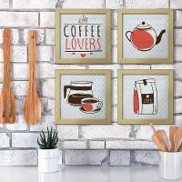 Quadro Cozinha 20x20cm Kit 4 Un Titulos Moldura Marfim Listrado