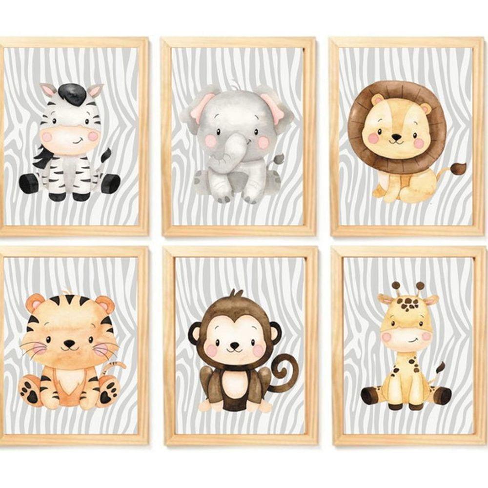 Quadro Infantil Safari 6 Un A4 Vidro E Pendurador. - 1