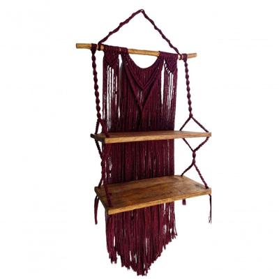 Suporte Prateleira Dupla Madeira Pinus Macramê Roxa