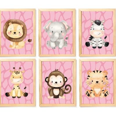 Quadro Infantil Safari Rosa 6 Un A4 Vidro E Pendurador.