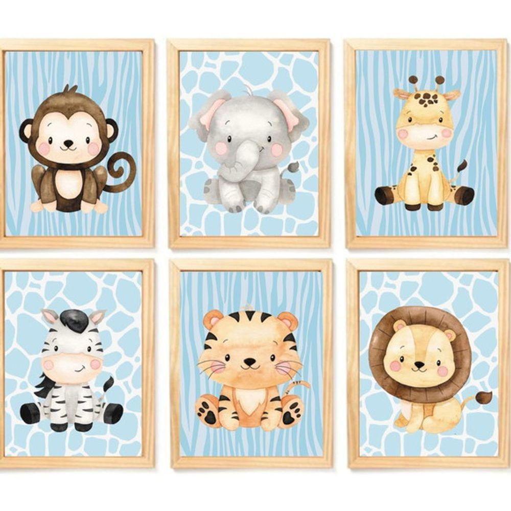 Quadro Infantil Safari 6 Un A4 Vidro E Pendurador. - 1
