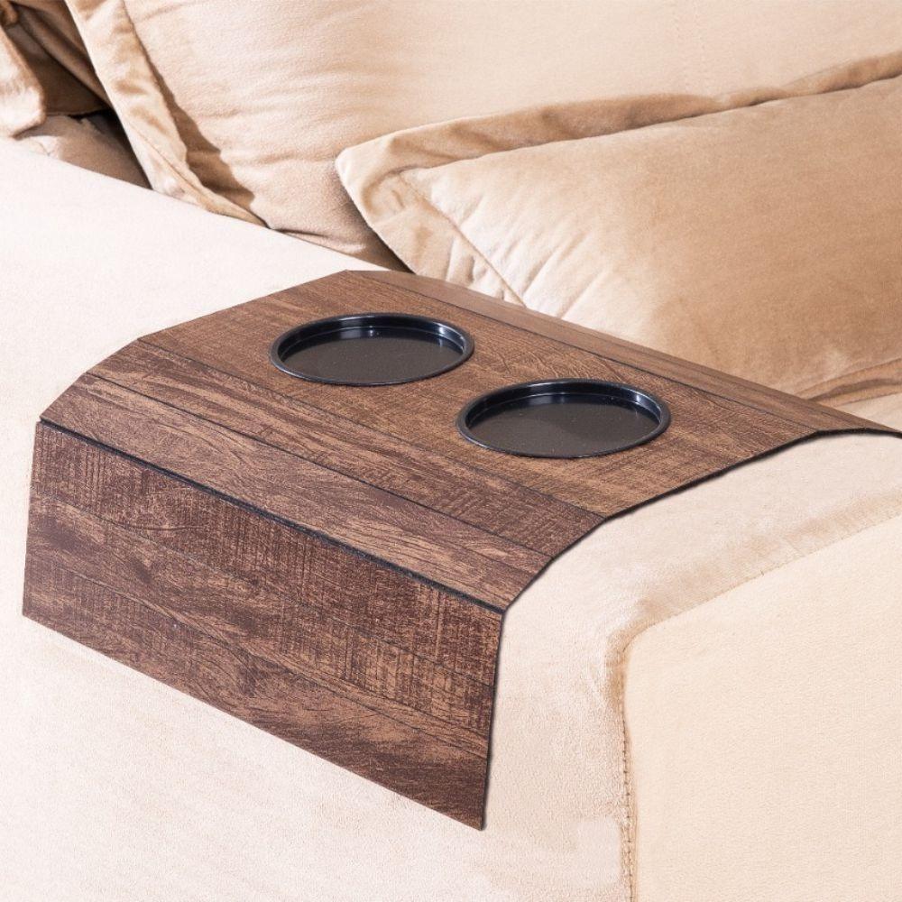 Bandeja Esteira Para Braço De Sofá Mdf Ipê Com Porta Copos - 2