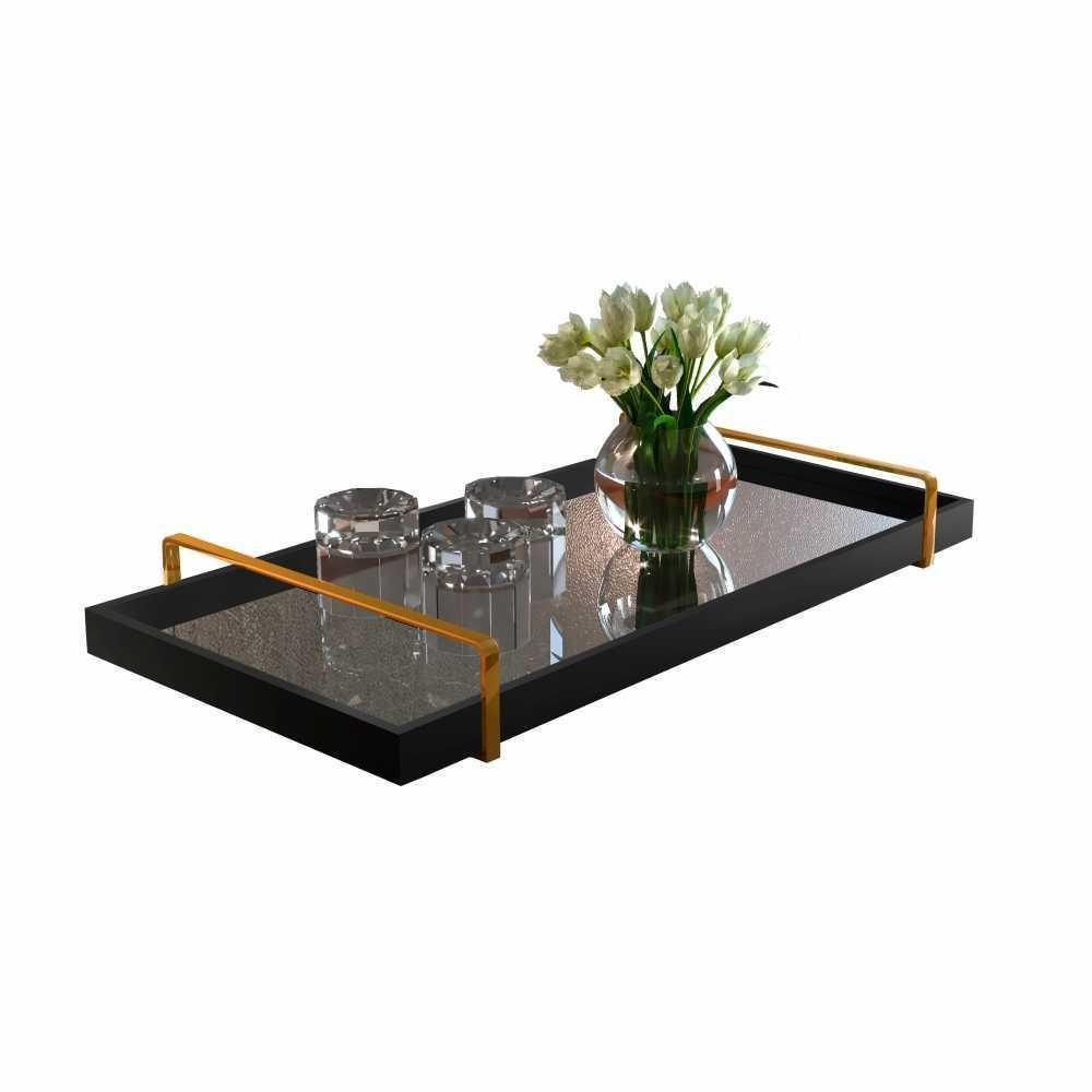 Bandeja Espelhada Laqueada Preto Com Alça Dourada - 1