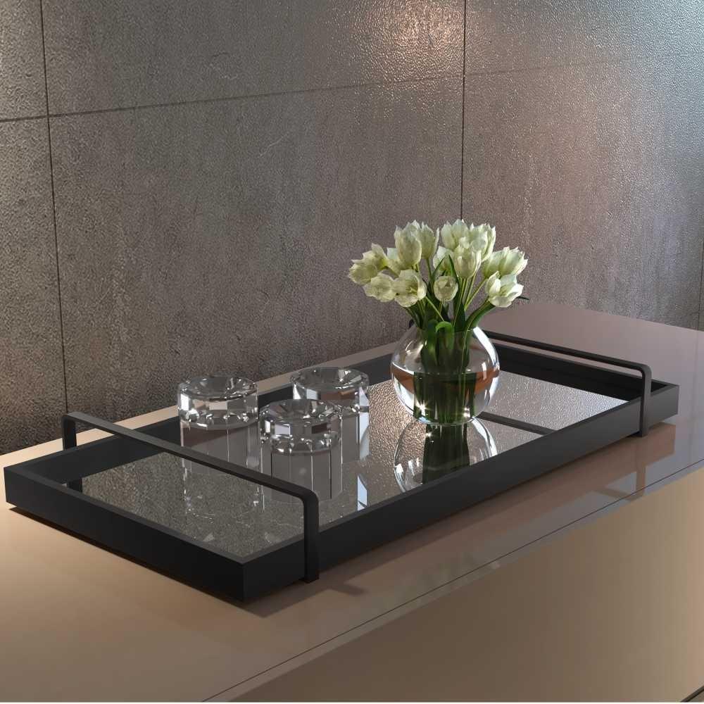 Bandeja Espelhada Laqueada Preto Com Alça Dourada - 3