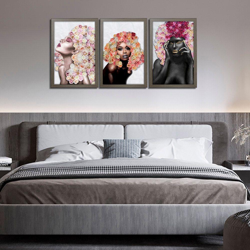 Kit 3 Quadros Decorativos 30X45 Mulheres Rosto Flores Rosas Titulo Moldura Madeira - 5