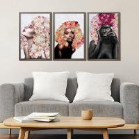 Kit 3 Quadros Decorativos 30X45 Mulheres Rosto Flores Rosas Titulo Moldura Madeira - 6