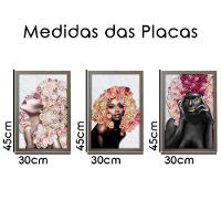 Kit 3 Quadros Decorativos 30X45 Mulheres Rosto Flores Rosas Titulo Moldura Madeira - 10