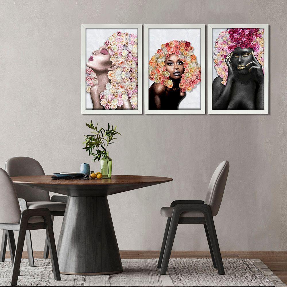 Kit 3 Quadros Decorativos 20X30 Mulheres Rosto Flores Rosas Titulo Moldura Branca - 8