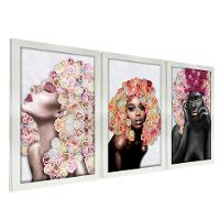 Kit 3 Quadros Decorativos 20X30 Mulheres Rosto Flores Rosas Titulo Moldura Branca - 1