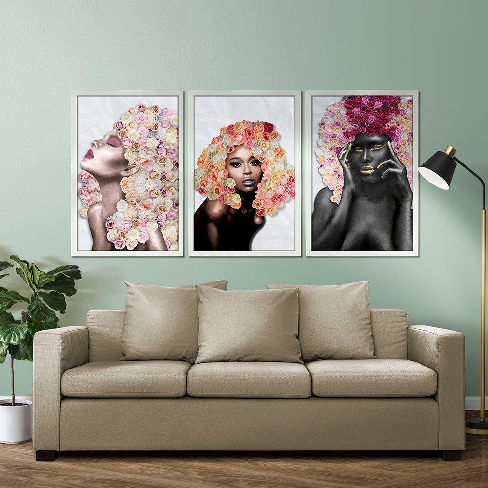 Kit 3 Quadros Decorativos 30X45 Mulheres Rosto Flores Rosas Titulo Moldura Branca - 6