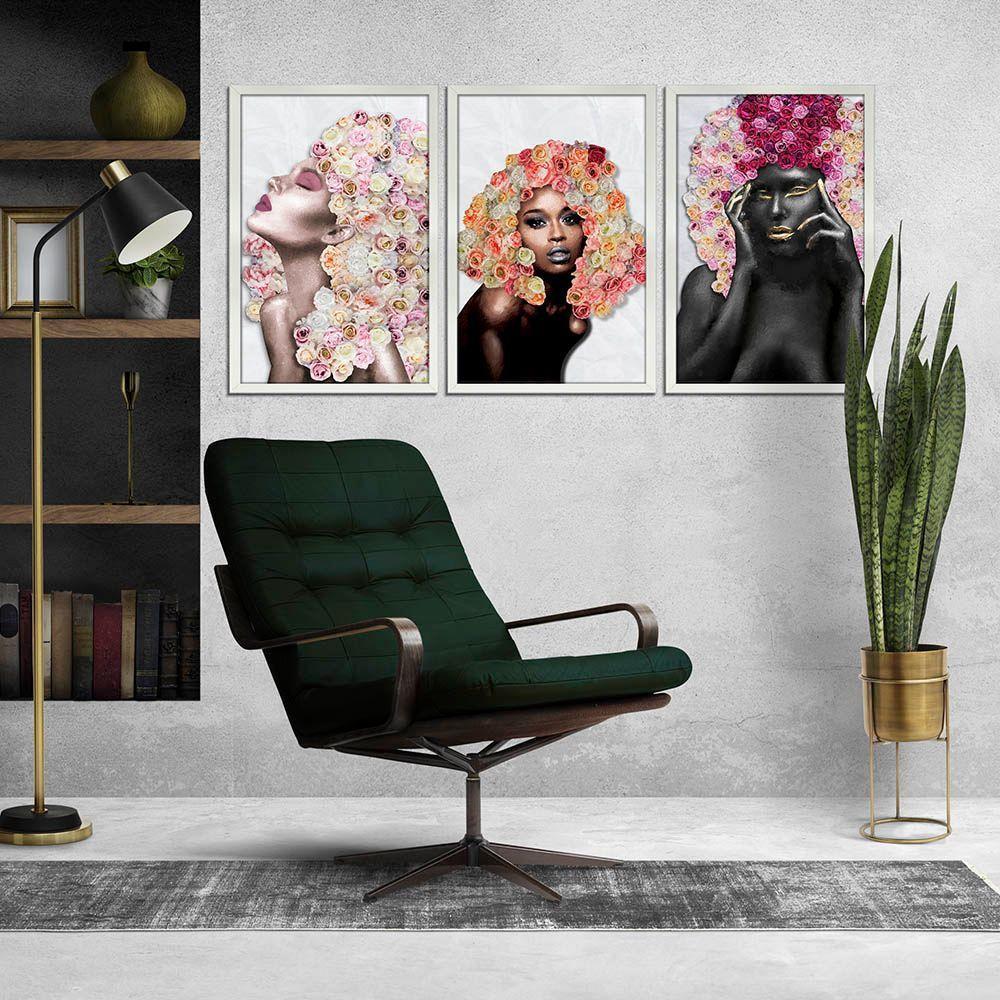 Kit 3 Quadros Decorativos 30X45 Mulheres Rosto Flores Rosas Titulo Moldura Branca - 7