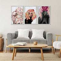Kit 3 Quadros Decorativos 30X45 Mulheres Rosto Flores Rosas Titulo Moldura Branca