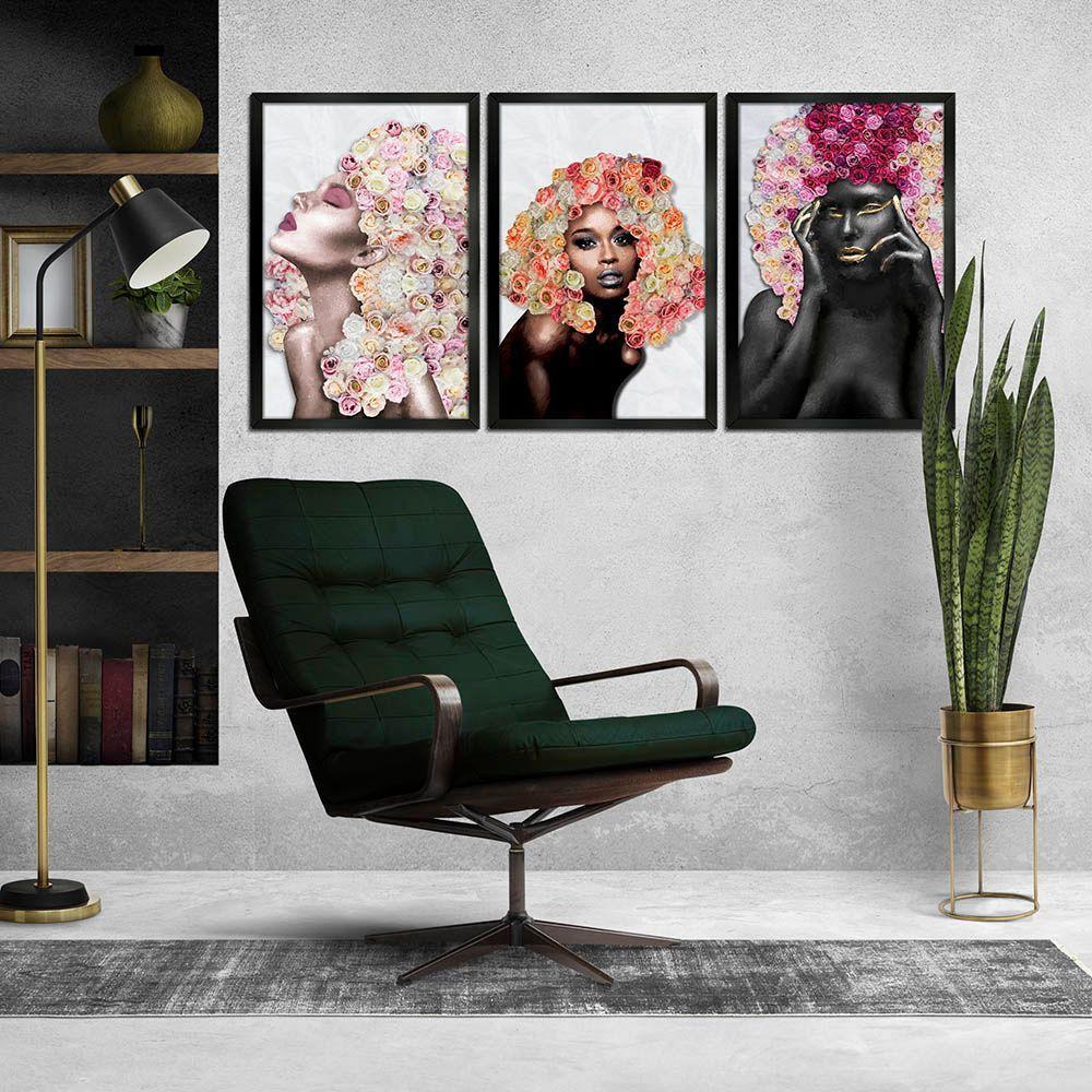 Kit 3 Quadros Decorativos 30X45 Mulheres Rosto Flores Rosas Titulo Moldura Preta - 8