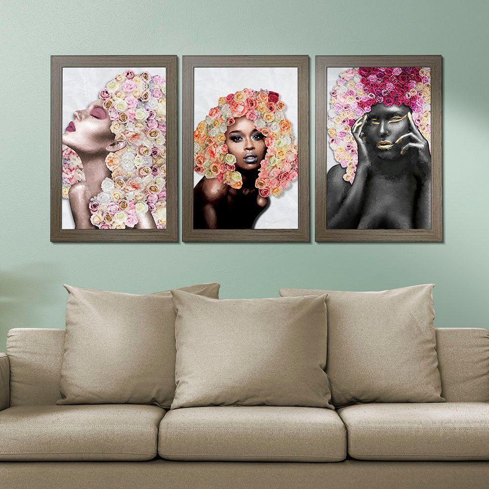 Kit 3 Quadros Decorativos 20X30 Mulheres Rosto Flores Rosas Titulo Moldura Madeira - 8