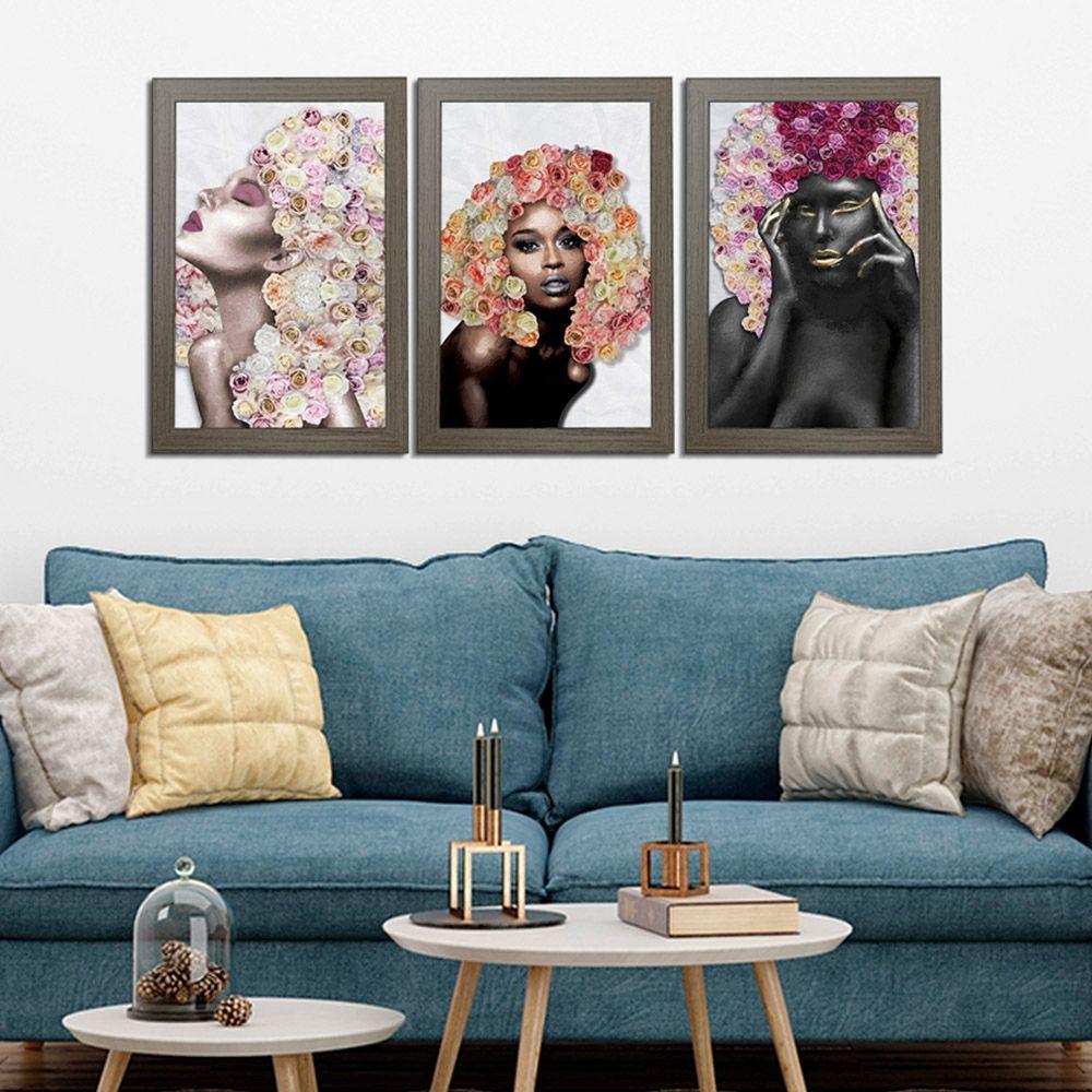 Kit 3 Quadros Decorativos 20X30 Mulheres Rosto Flores Rosas Titulo Moldura Madeira - 9