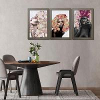 Kit 3 Quadros Decorativos 20X30 Mulheres Rosto Flores Rosas Titulo Moldura Madeira