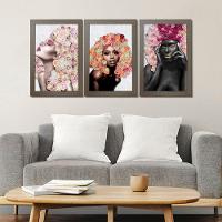 Kit 3 Quadros Decorativos 20X30 Mulheres Rosto Flores Rosas Titulo Moldura Madeira - 5