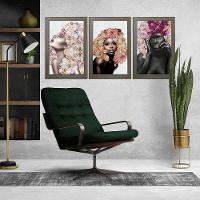 Kit 3 Quadros Decorativos 20X30 Mulheres Rosto Flores Rosas Titulo Moldura Madeira - 6